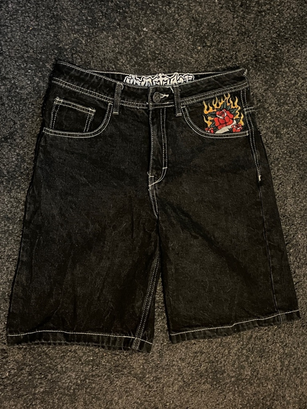 Ninth Hall Black Denim Shorts with Rose, Tiger, and Serpent